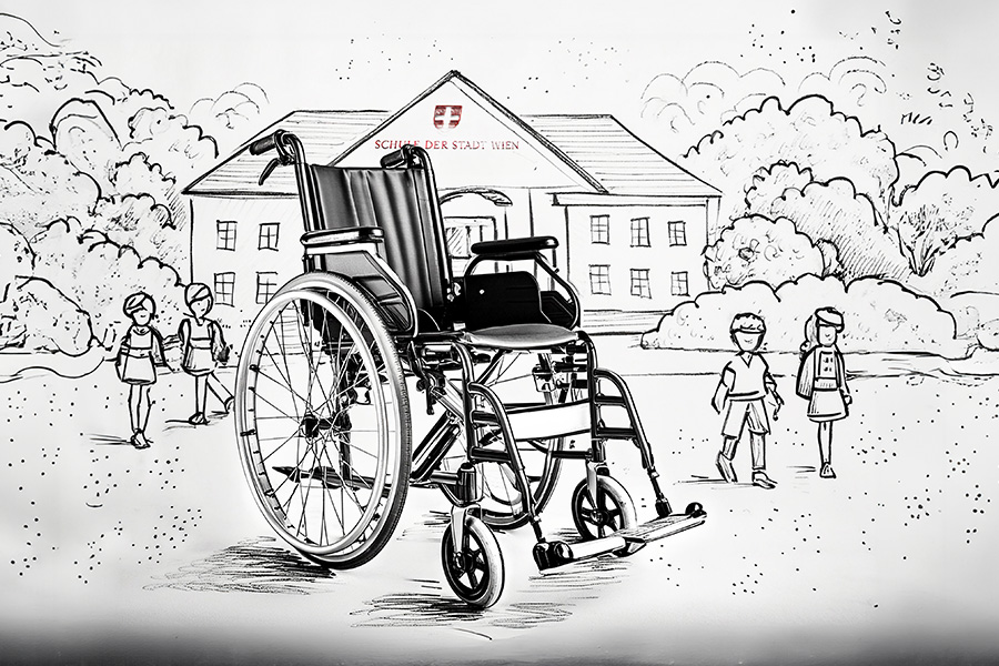Illustration eines Rollstuhls vor einer Schule